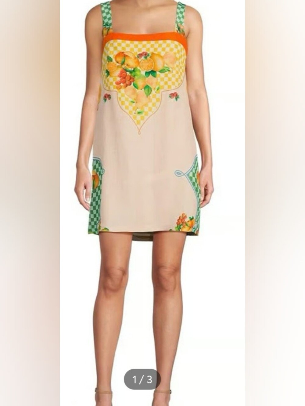 ANTONIO MELANI Beige Shift Dress with Green Check & Orange Fruit Accents